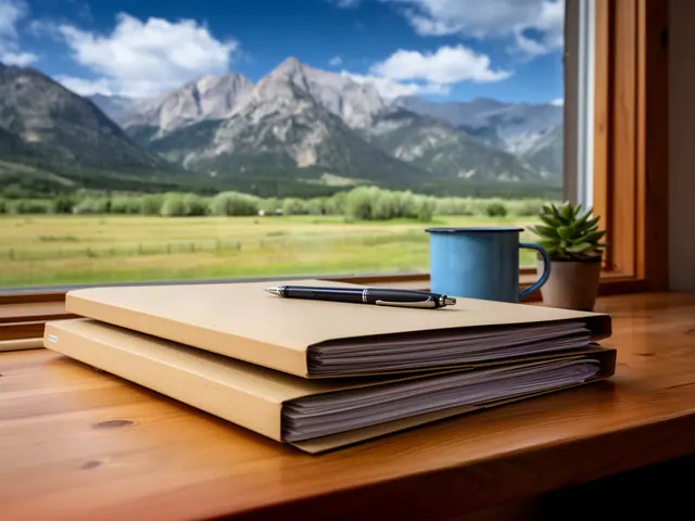 A neat stack of closed manila folders and a pen on a desk by a window.
