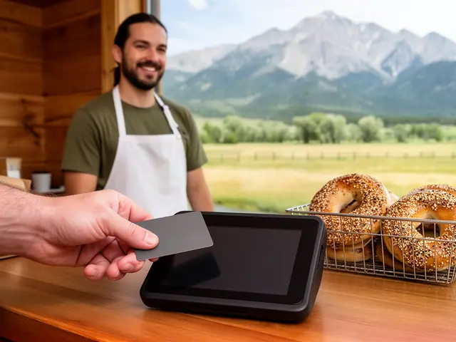 A customer taps a gray card on a counter terminal at a bagel shop.