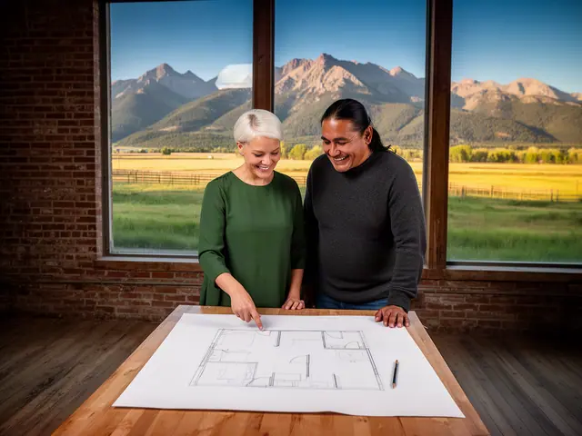 Two business partners looking over a pencil floor sketch in an empty storefront.