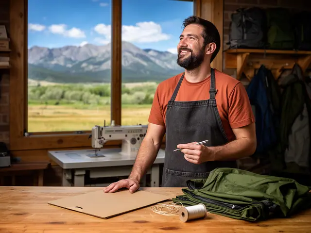 A smiling gear maker in a canvas apron at a worktable with green outdoor fabric and a closed folder.